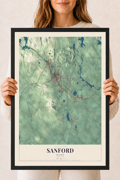 Sanford, Maine map print - 18 x 24 black Ayous wood frame
