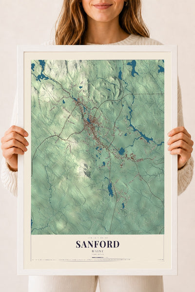 Sanford, Maine map print - 18 x 24 white Ayous wood frame