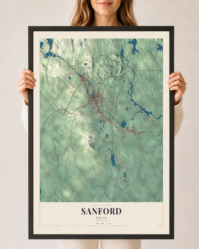 Sanford, Maine map print - 24 x 36 black Ayous wood frame