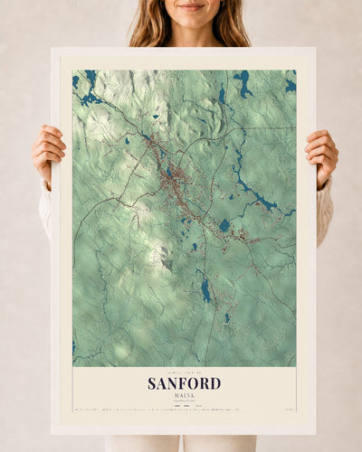 Sanford, Maine map print - 24 x 36 white Ayous wood frame