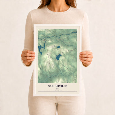 Sangerville, Maine map print - 12 x 18 white Ayous wood frame