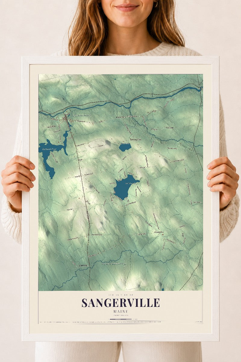 Sangerville, Maine map print - 18 x 24 white Ayous wood frame