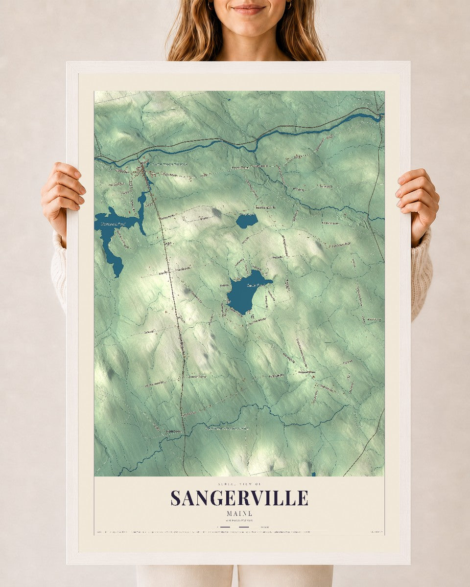 Sangerville, Maine map print - 24 x 36 white Ayous wood frame