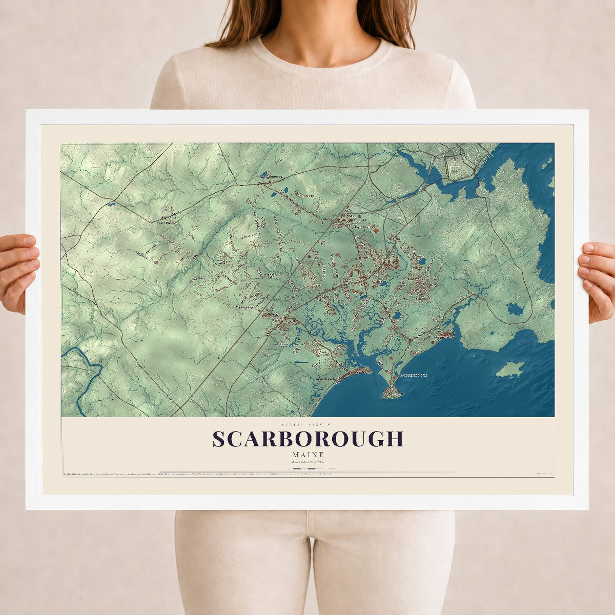 Scarborough, Maine map print - 18 x 24 white Ayous wood frame
