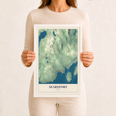 Searsport, Maine map print - 12 x 18 white Ayous wood frame