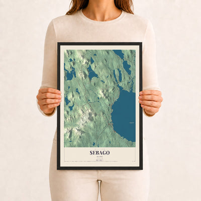 Sebago, Maine map print - 12 x 18 black Ayous wood frame