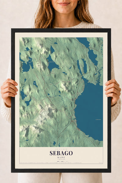 Sebago, Maine map print - 18 x 24 black Ayous wood frame