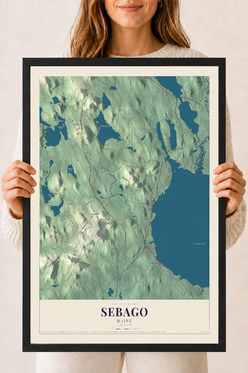 Sebago, Maine map print - 18 x 24 black Ayous wood frame