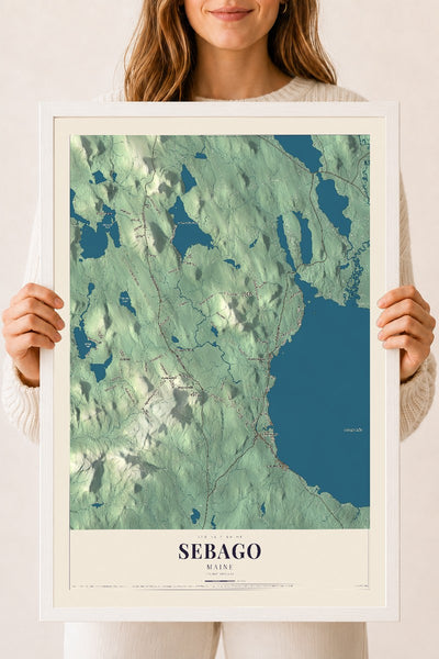 Sebago, Maine map print - 18 x 24 white Ayous wood frame