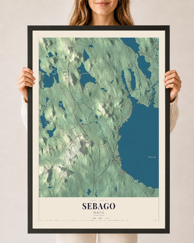 Sebago, Maine map print - 24 x 36 black Ayous wood frame