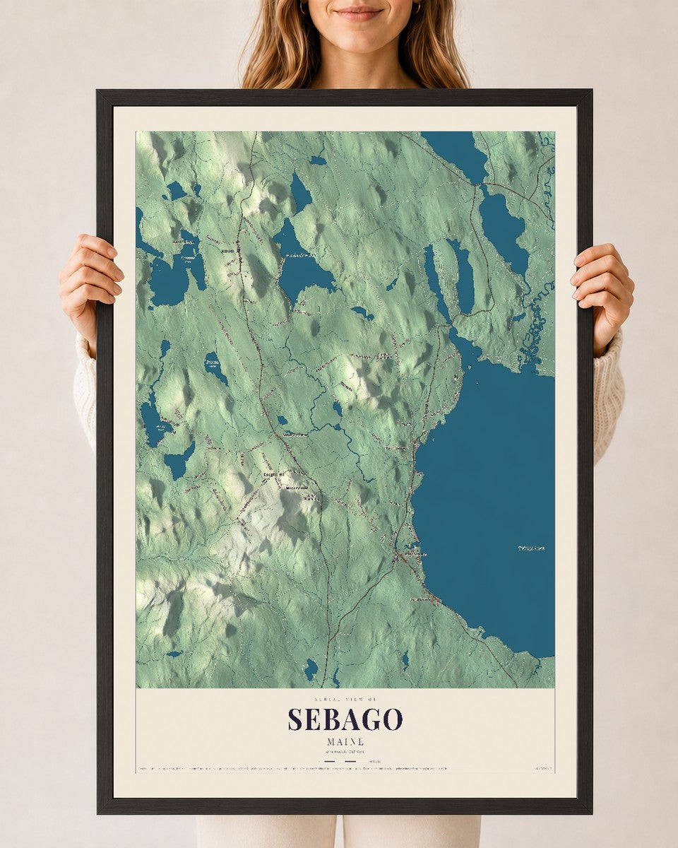 Sebago, Maine map print - 24 x 36 black Ayous wood frame