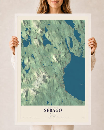Sebago, Maine map print - 24 x 36 white Ayous wood frame