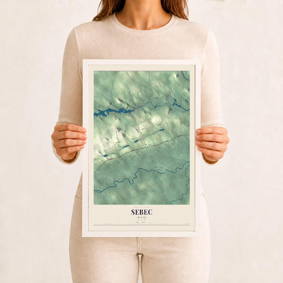 Sebec, Maine map print - 12 x 18 white Ayous wood frame