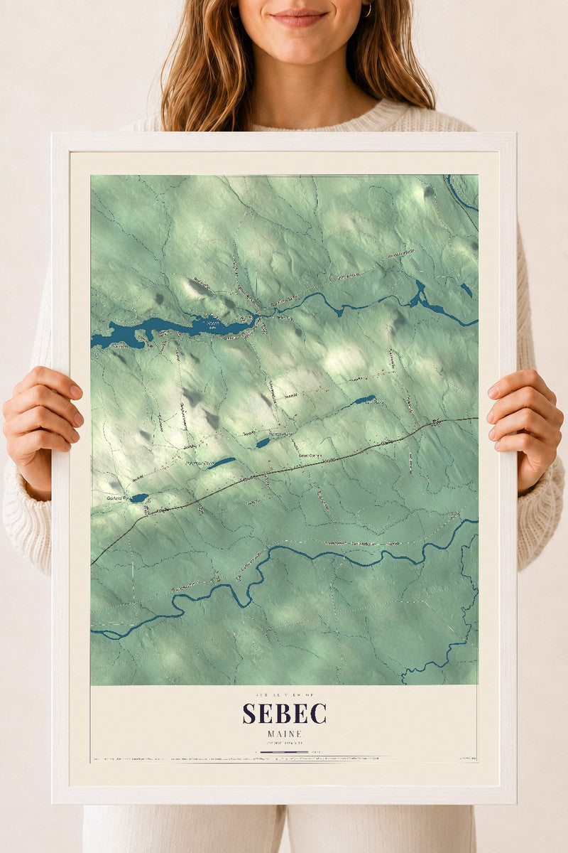 Sebec, Maine map print - 18 x 24 white Ayous wood frame
