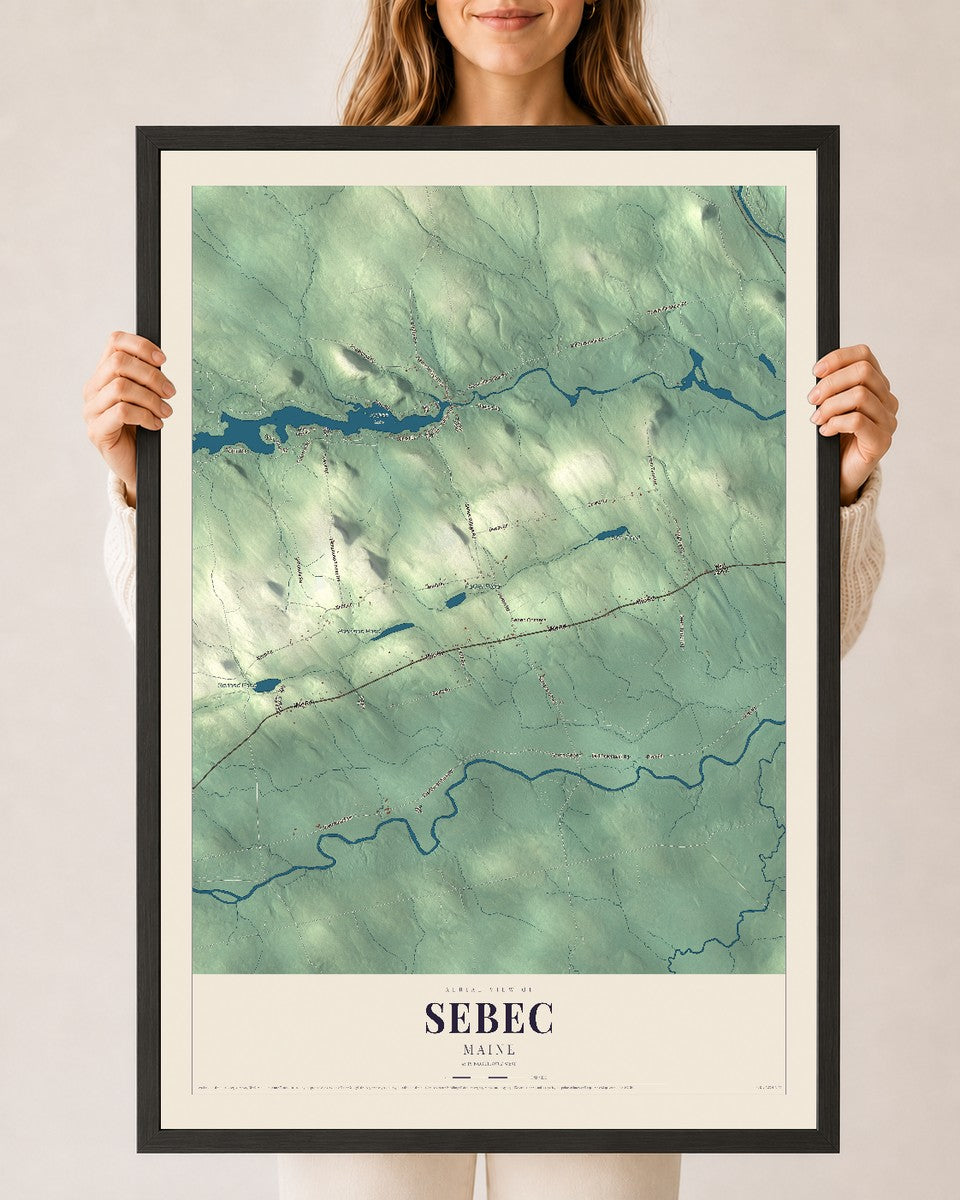 Sebec, Maine map print - 24 x 36 black Ayous wood frame