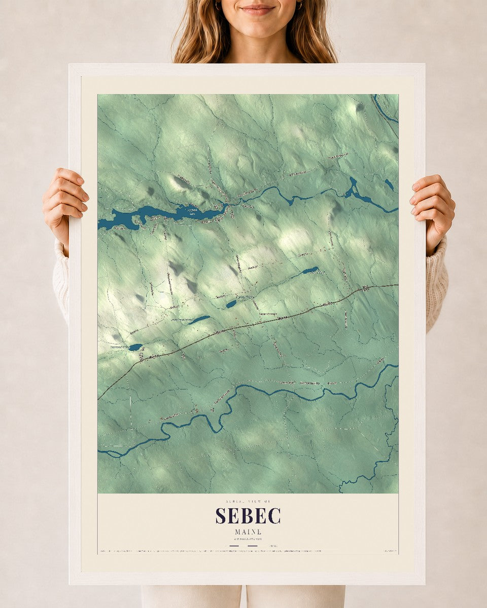 Sebec, Maine map print - 24 x 36 white Ayous wood frame