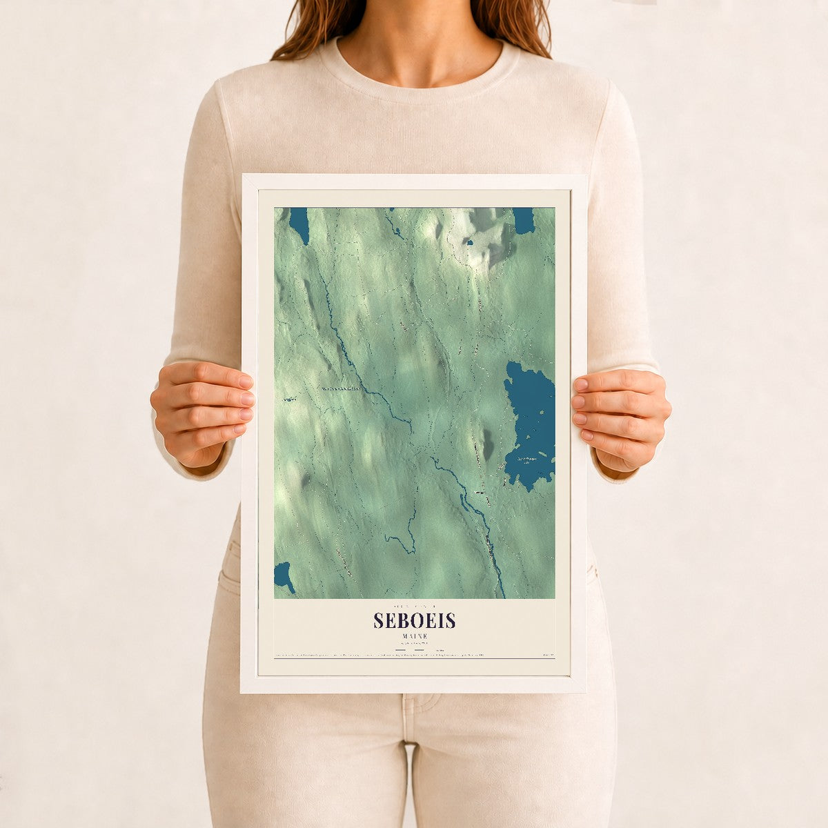 Seboeis, Maine map print - 12 x 18 white Ayous wood frame