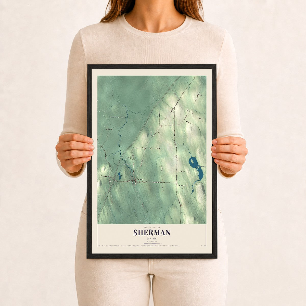 Sherman, Maine map print - 12 x 18 black Ayous wood frame