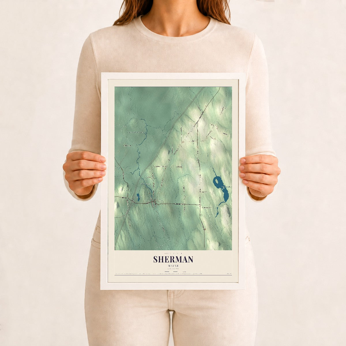 Sherman, Maine map print - 12 x 18 white Ayous wood frame