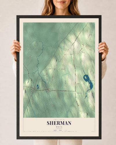 Sherman, Maine map print - 24 x 36 black Ayous wood frame