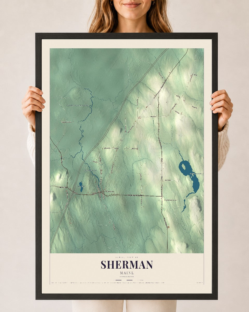 Sherman, Maine map print - 24 x 36 black Ayous wood frame