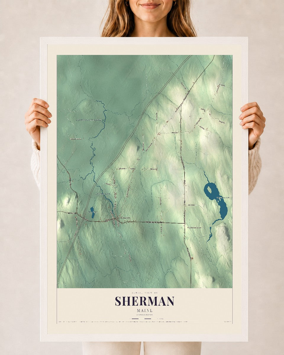Sherman, Maine map print - 24 x 36 white Ayous wood frame