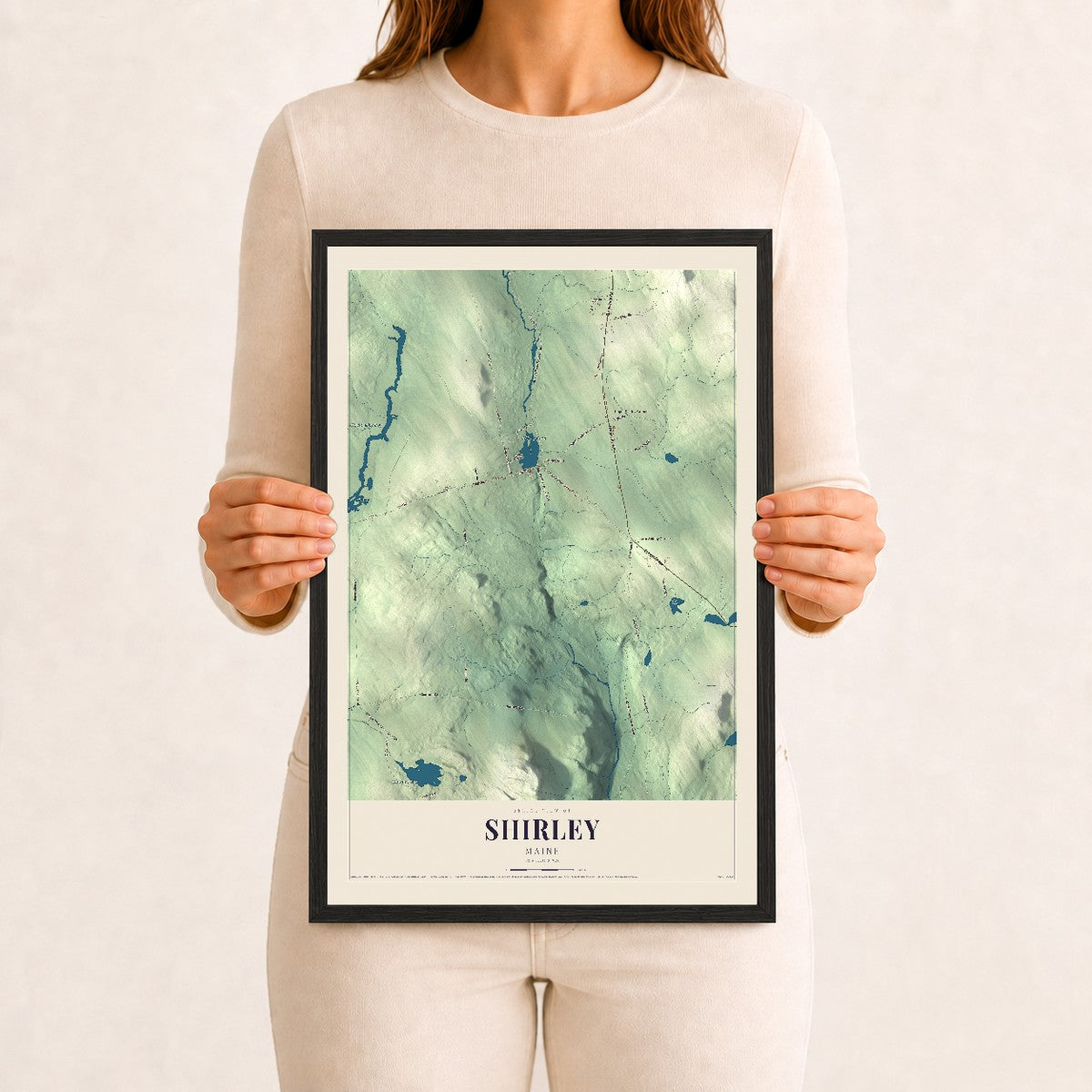 Shirley, Maine map print - 12 x 18 black Ayous wood frame