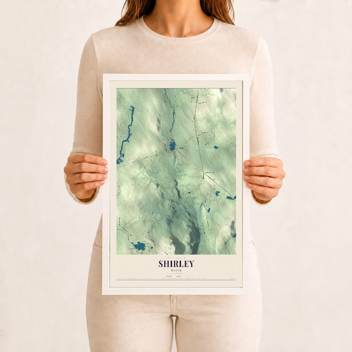 Shirley, Maine map print - 12 x 18 white Ayous wood frame