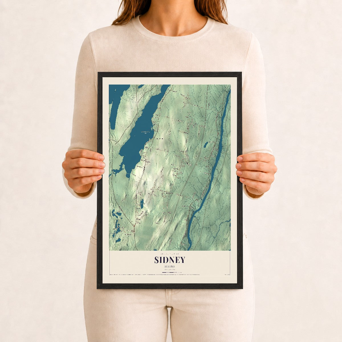 Sidney, Maine map print - 12 x 18 black Ayous wood frame