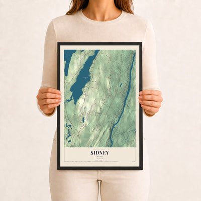 Sidney, Maine map print - 12 x 18 black Ayous wood frame