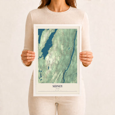 Sidney, Maine map print - 12 x 18 white Ayous wood frame
