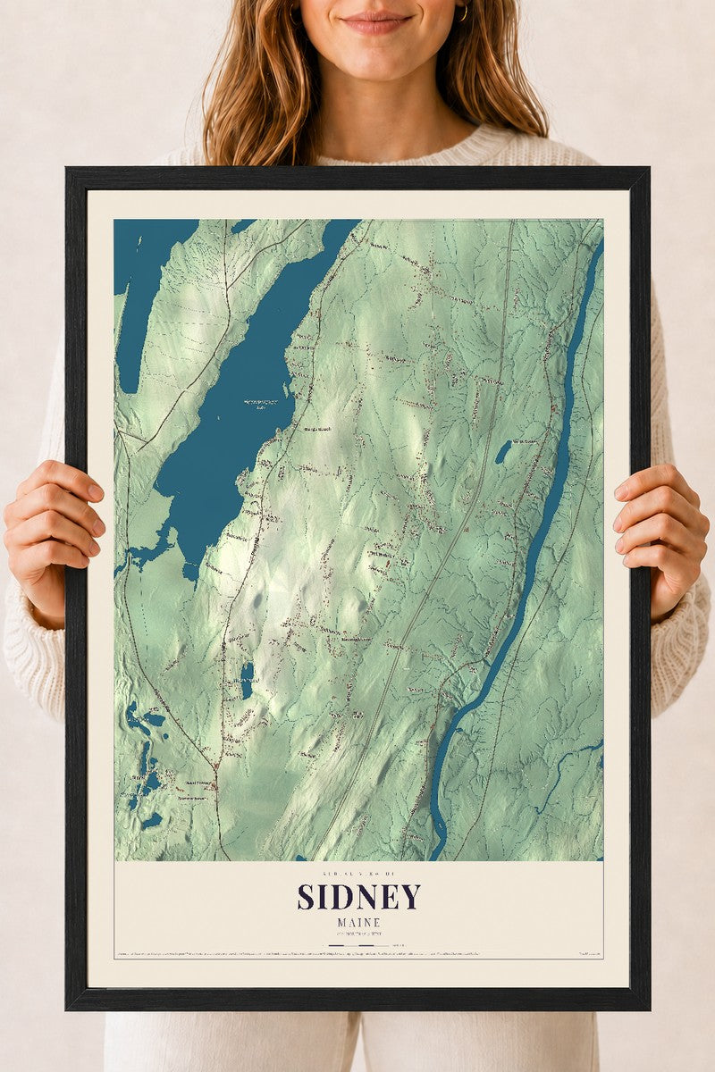 Sidney, Maine map print - 18 x 24 black Ayous wood frame