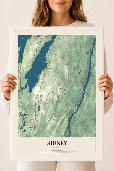 Sidney, Maine map print - 18 x 24 white Ayous wood frame