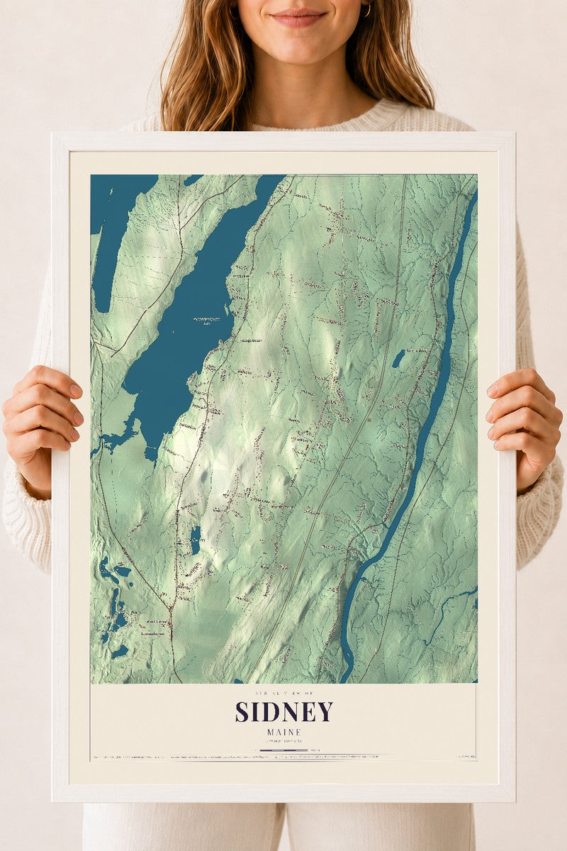 Sidney, Maine map print - 18 x 24 white Ayous wood frame
