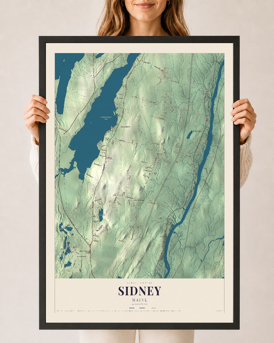 Sidney, Maine map print - 24 x 36 black Ayous wood frame