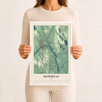 Skowhegan, Maine map print - 12 x 18 white Ayous wood frame