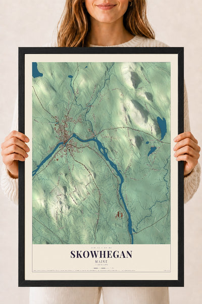 Skowhegan, Maine map print - 18 x 24 black Ayous wood frame