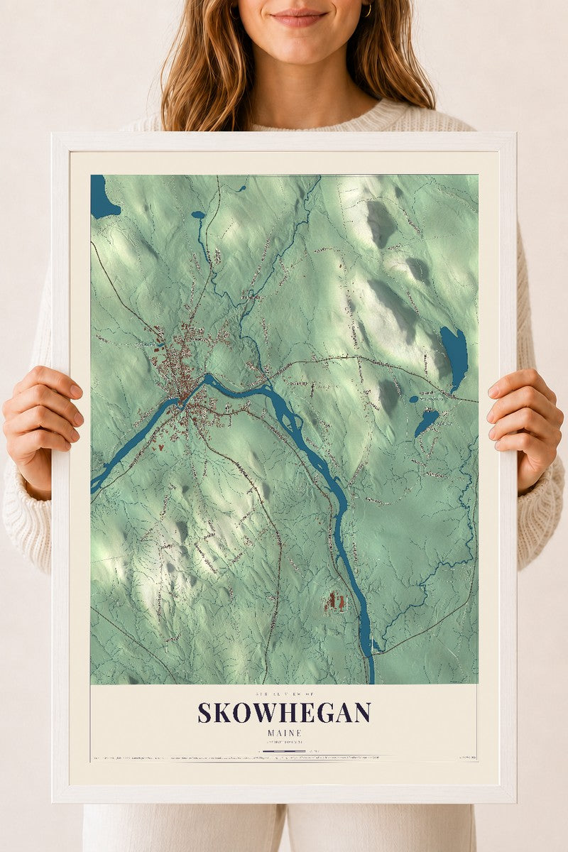 Skowhegan, Maine map print - 18 x 24 white Ayous wood frame