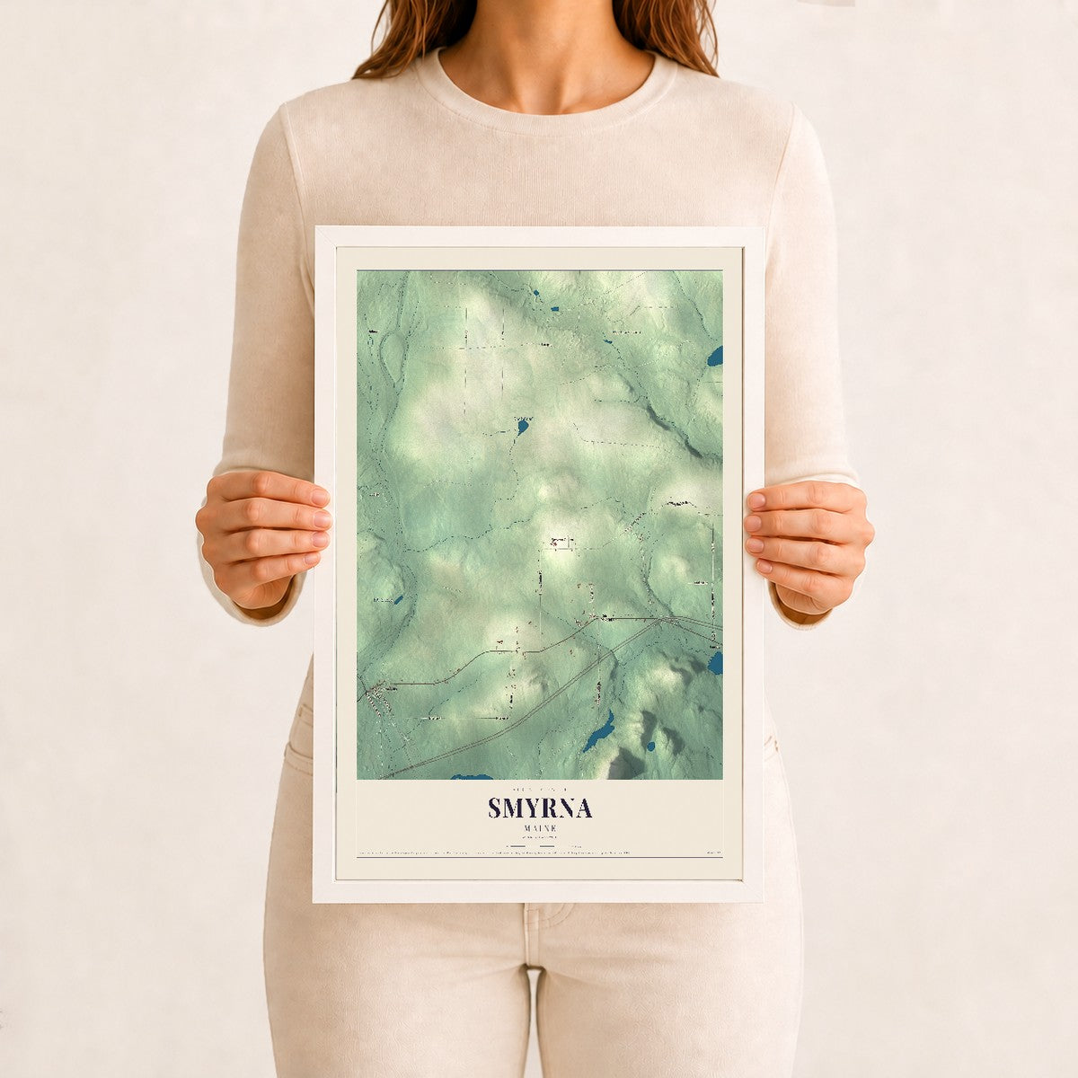 Smyrna, Maine map print - 12 x 18 white Ayous wood frame
