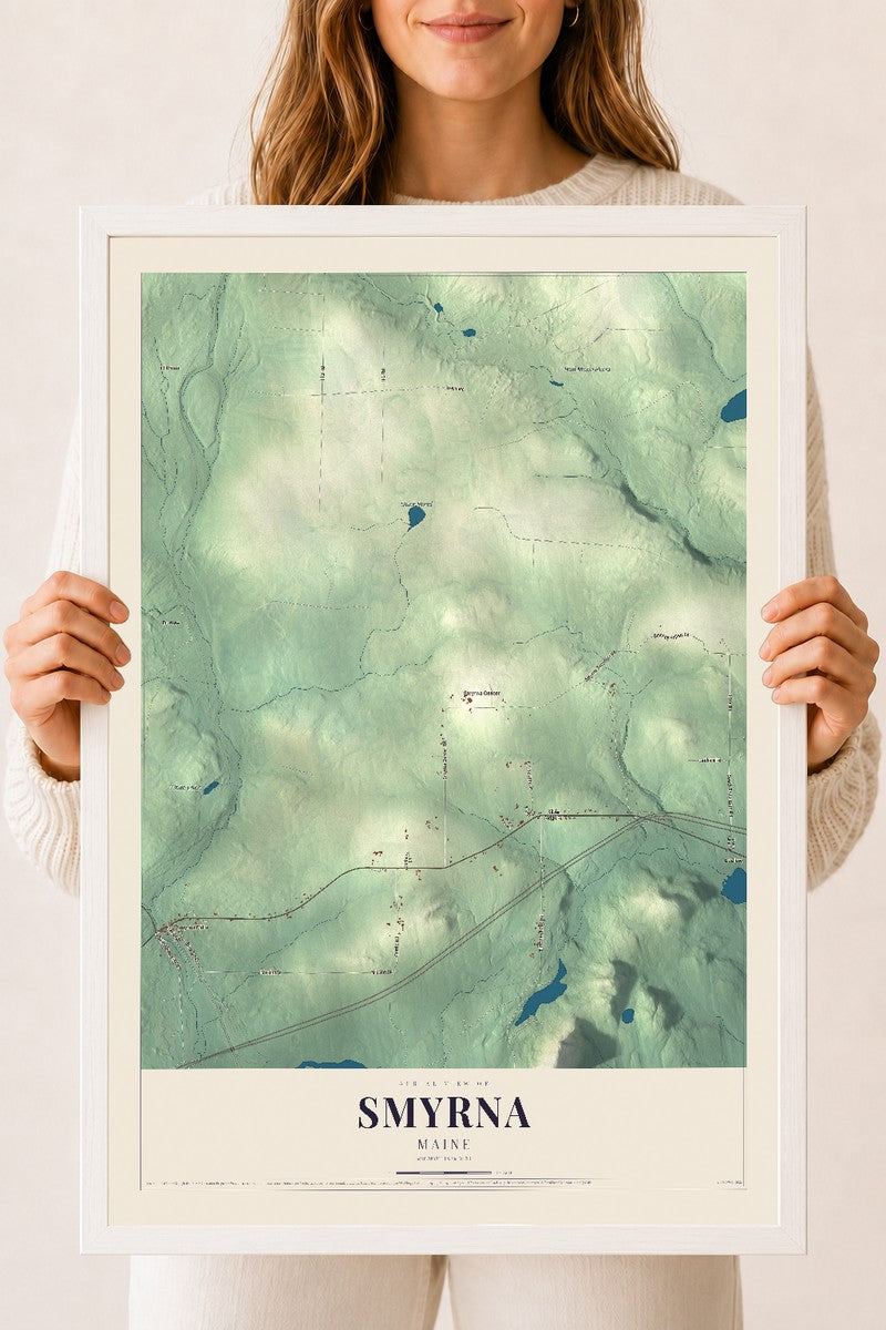 Smyrna, Maine map print - 18 x 24 white Ayous wood frame