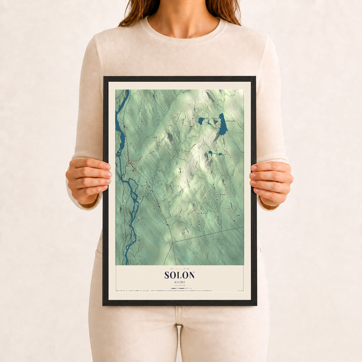 Solon, Maine map print - 12 x 18 black Ayous wood frame