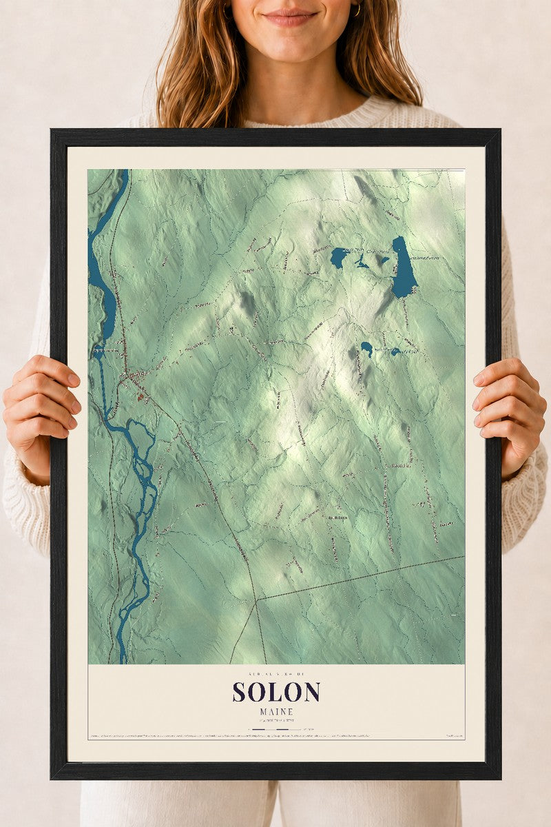 Solon, Maine map print - 18 x 24 black Ayous wood frame