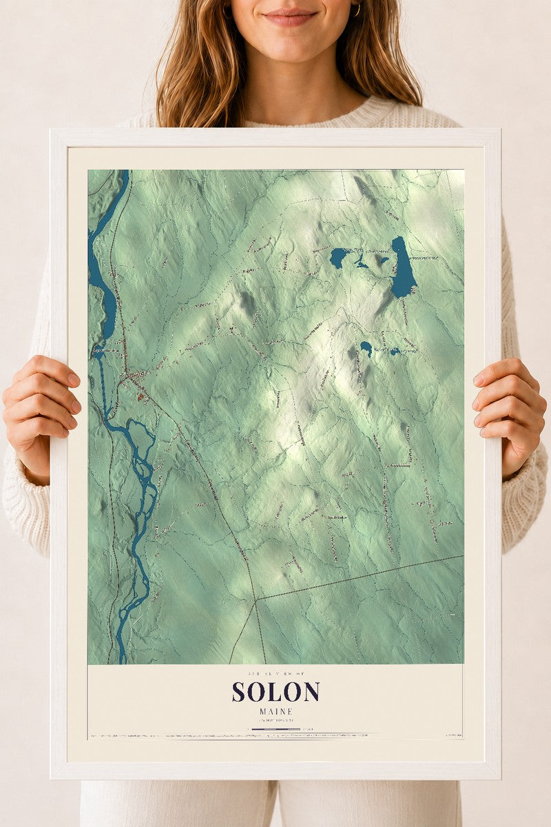 Solon, Maine map print - 18 x 24 white Ayous wood frame