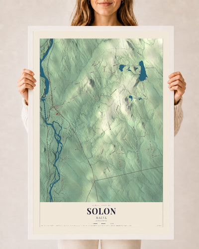 Solon, Maine map print - 24 x 36 white Ayous wood frame