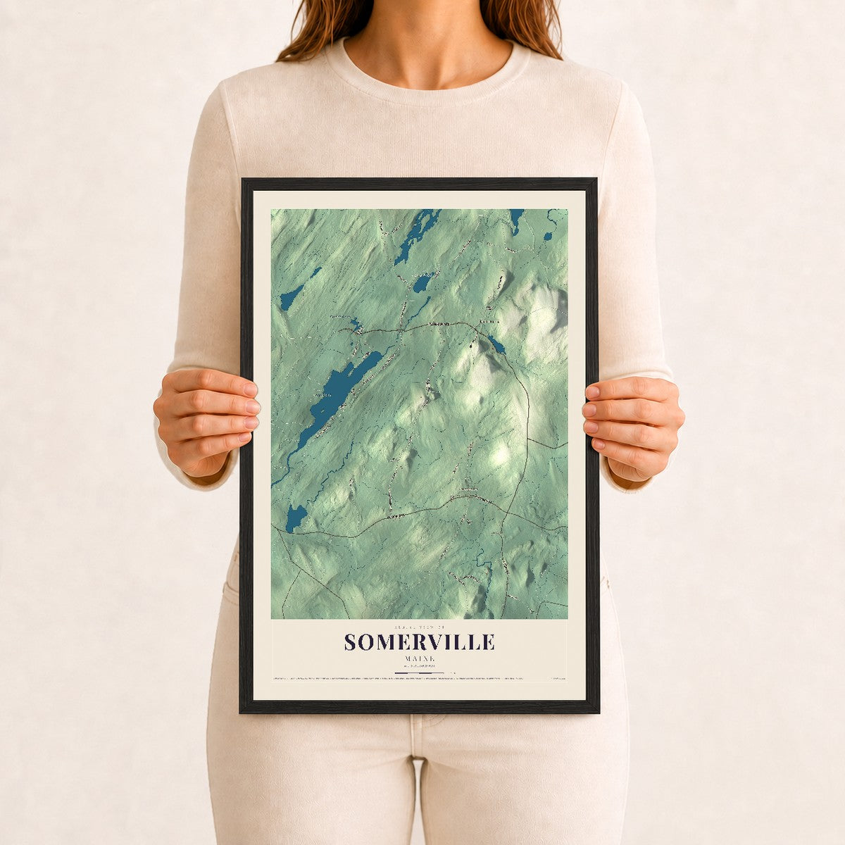 Somerville, Maine map print - 12 x 18 black Ayous wood frame