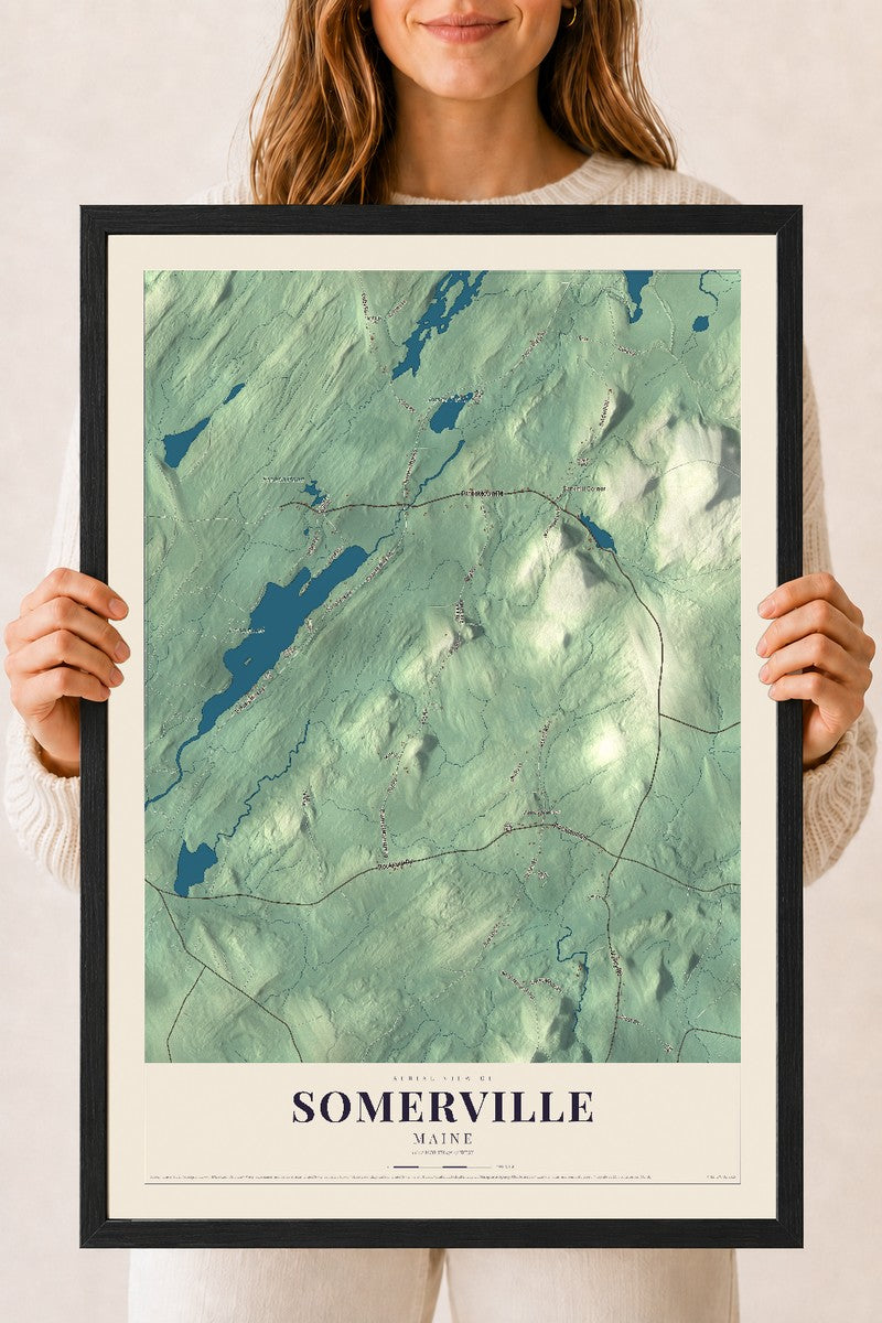 Somerville, Maine map print - 18 x 24 black Ayous wood frame