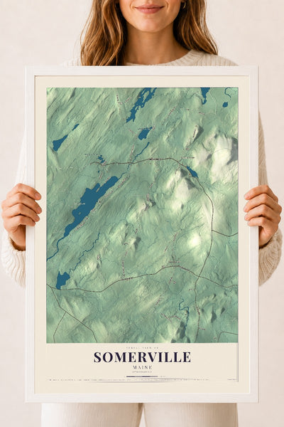Somerville, Maine map print - 18 x 24 white Ayous wood frame