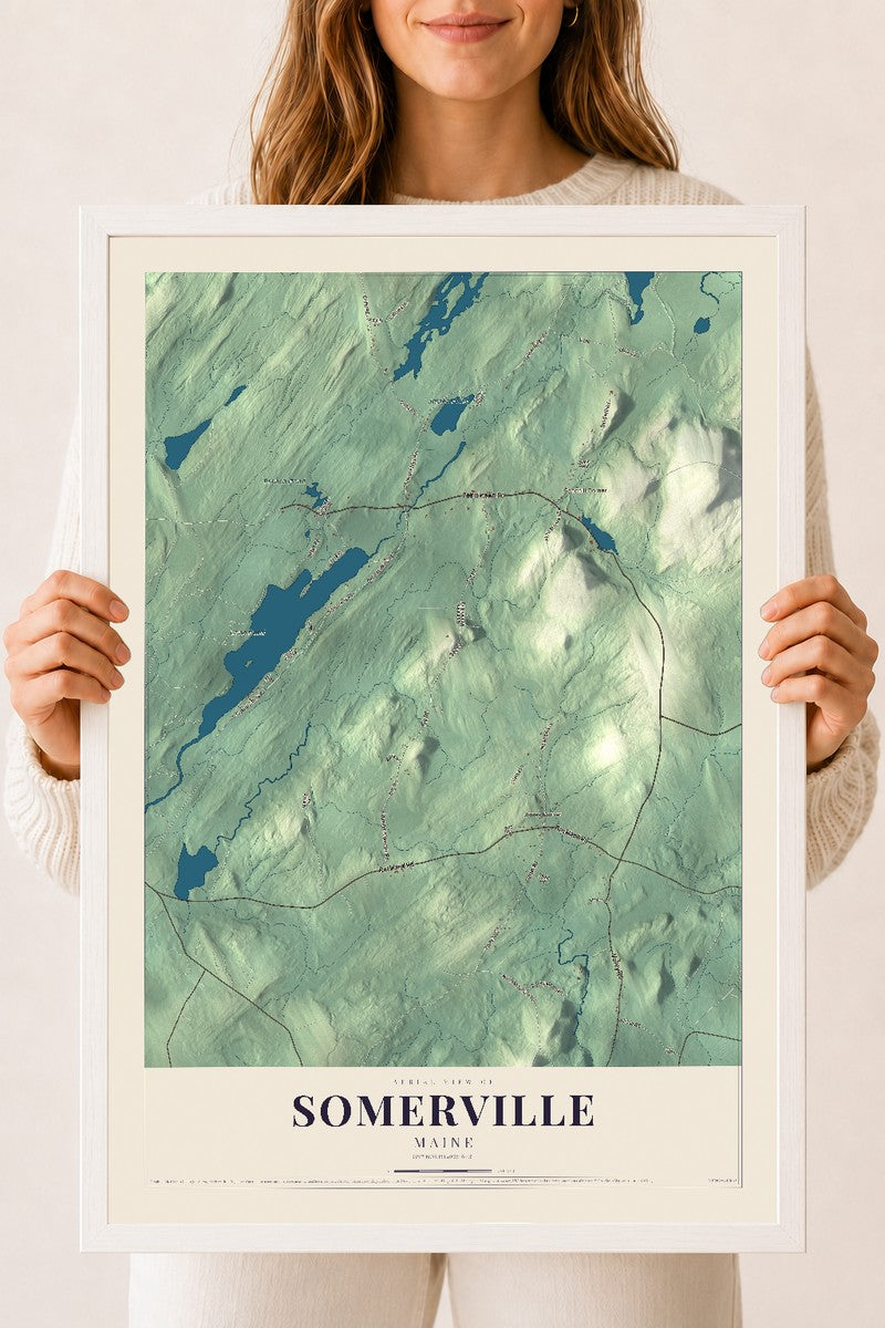 Somerville, Maine map print - 18 x 24 white Ayous wood frame