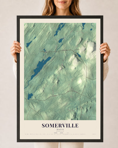 Somerville, Maine map print - 24 x 36 black Ayous wood frame