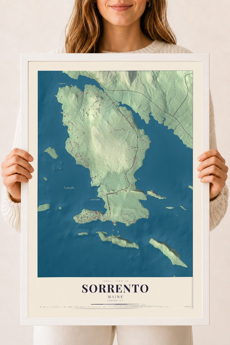 Sorrento, Maine map print - 18 x 24 white Ayous wood frame